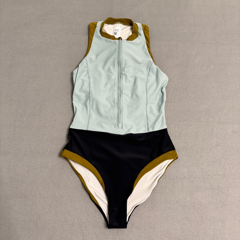 prAna Baja Bound Swimsuit Women XS‎ Blue Colorblock Sporty Zip Front One Piece